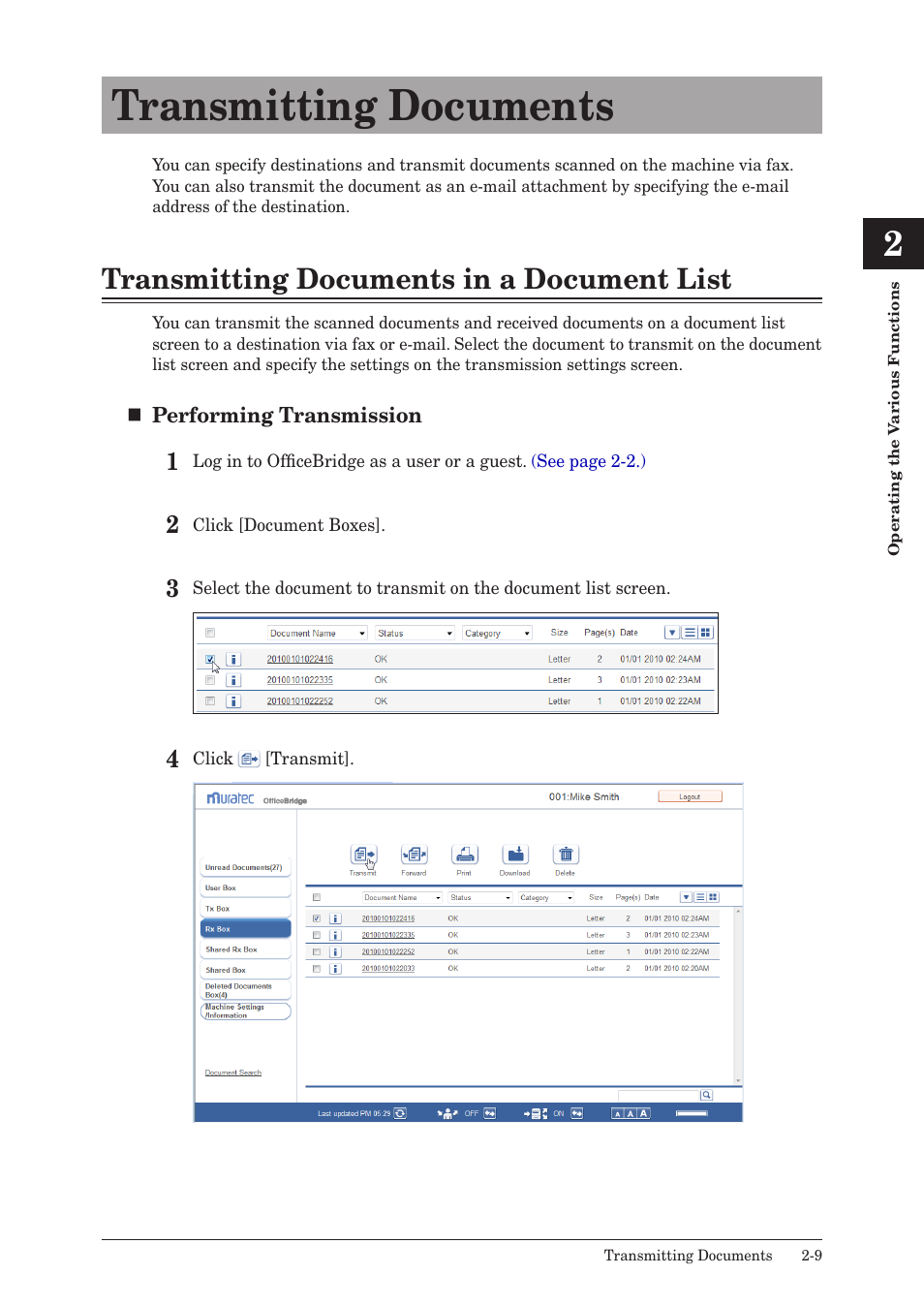 Transmitting documents, Transmitting documents in a document list, Transmitting documents -9 | Transmitting documents in a document list -9 | Muratec MFX-2590 User Manual | Page 36 / 279