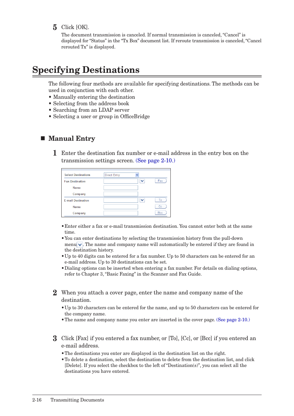 Specifying destinations, Specifying destinations -16, Manual entry | Muratec MFX-2590 User Manual | Page 43 / 279