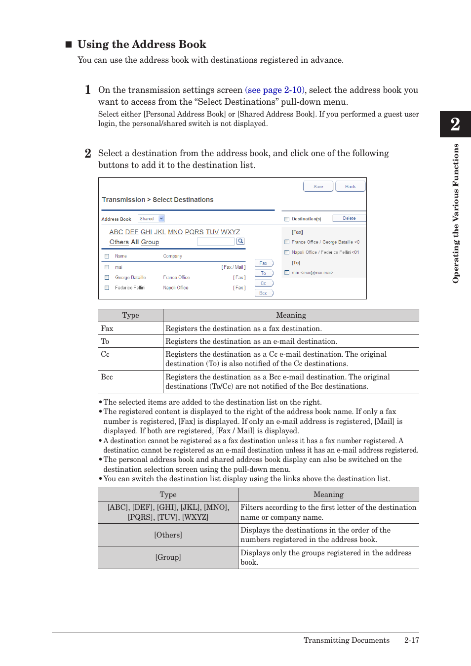 Using the address book | Muratec MFX-2590 User Manual | Page 44 / 279