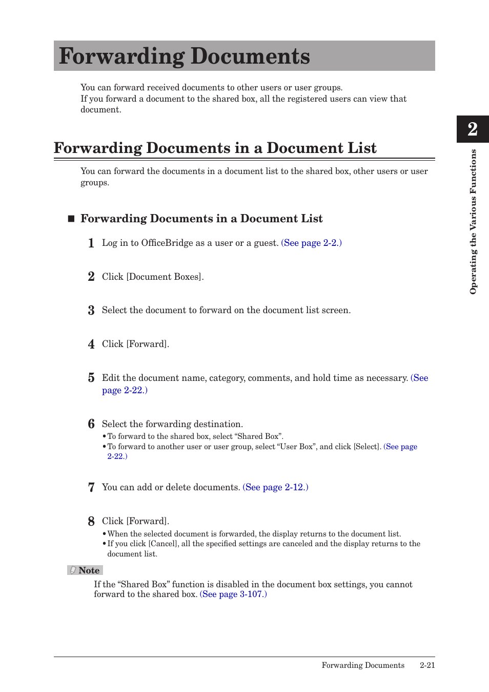 Forwarding documents, Forwarding documents in a document list, Forwarding documents -21 | Forwarding documents in a document list -21 | Muratec MFX-2590 User Manual | Page 48 / 279