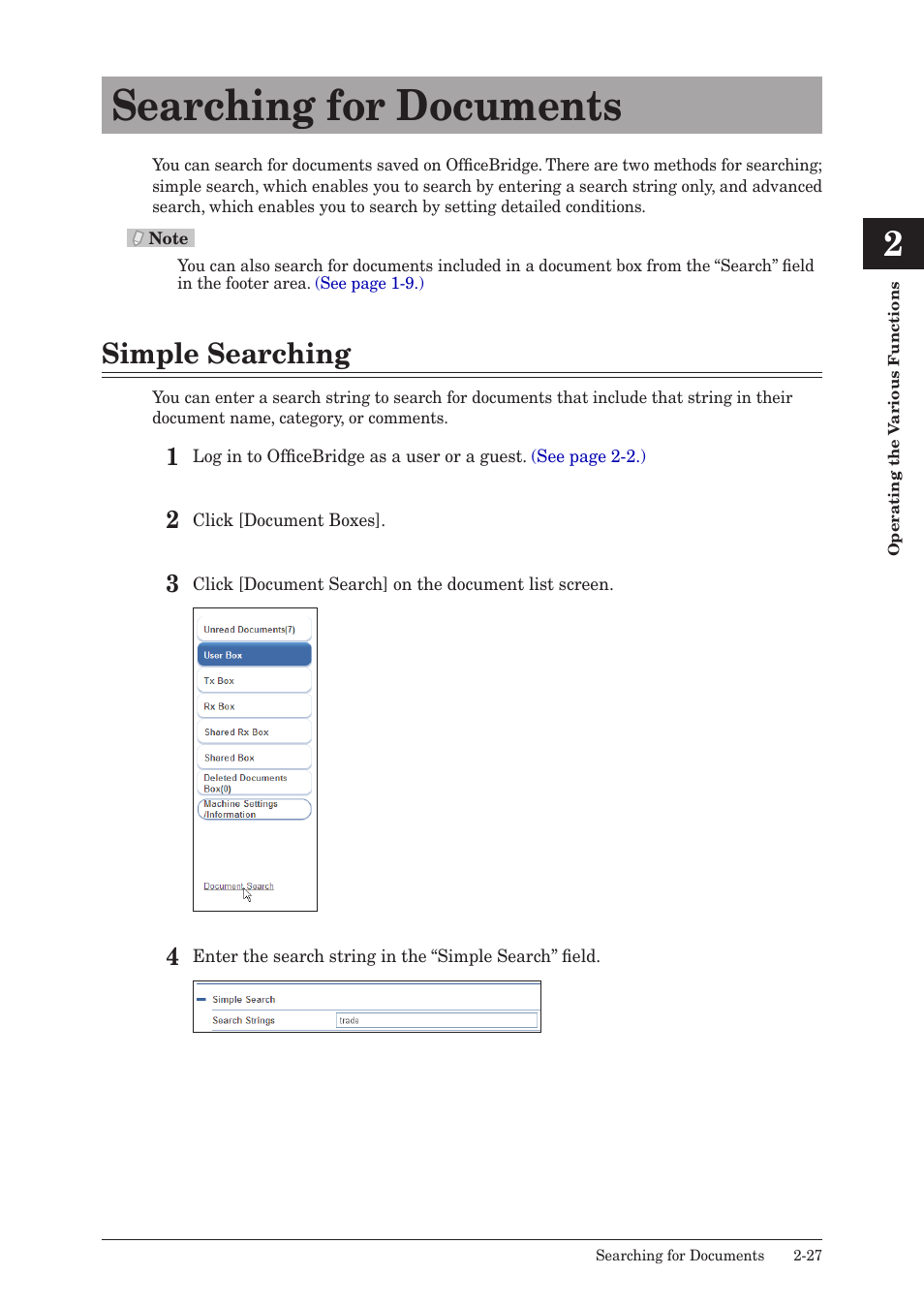 Searching for documents, Simple searching, Searching for documents -27 | Simple searching -27 | Muratec MFX-2590 User Manual | Page 54 / 279