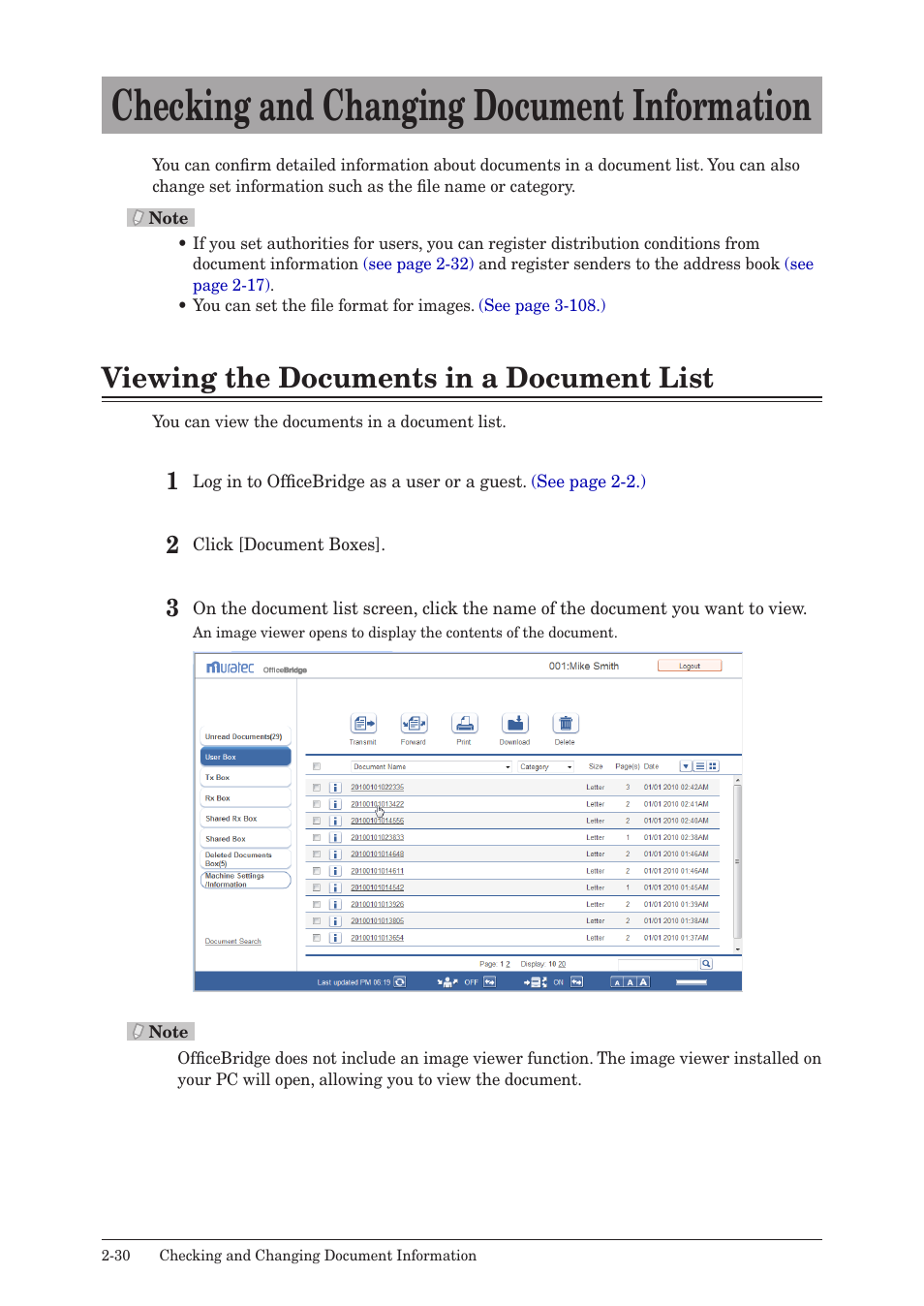 Checking and changing document information, Viewing the documents in a document list, Checking and changing document information -30 | Viewing the documents in a document list -30 | Muratec MFX-2590 User Manual | Page 57 / 279