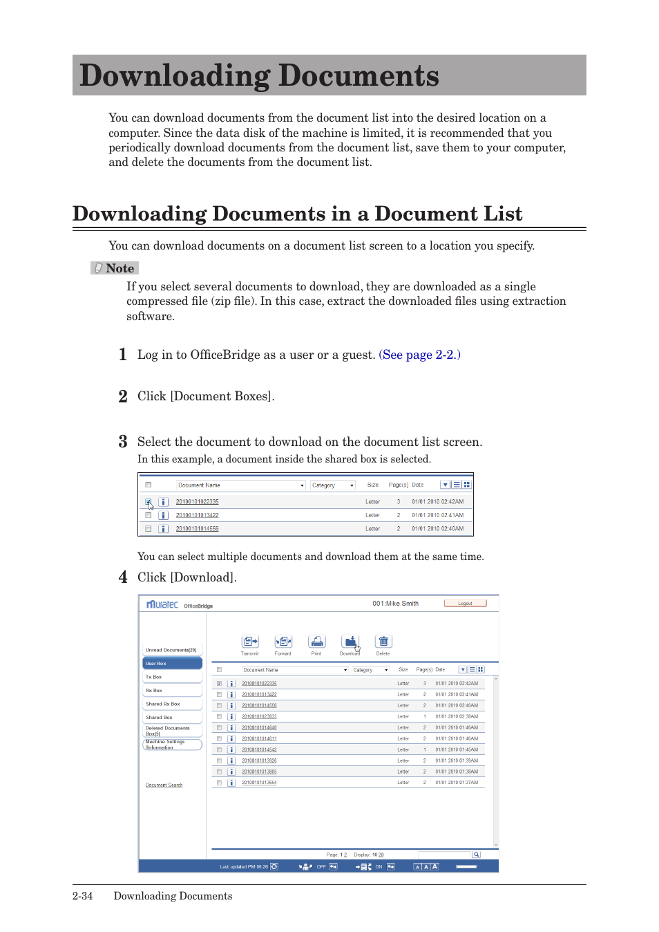 Downloading documents, Downloading documents in a document list, Downloading documents -34 | Downloading documents in a document list -34 | Muratec MFX-2590 User Manual | Page 61 / 279