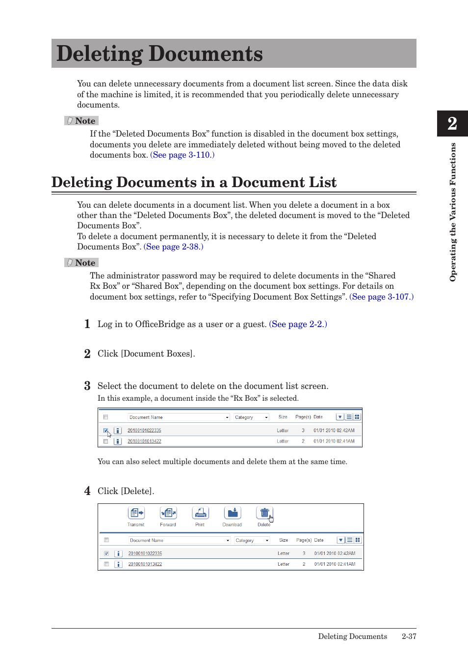 Deleting documents, Deleting documents in a document list, Deleting documents -37 | Deleting documents in a document list -37 | Muratec MFX-2590 User Manual | Page 64 / 279