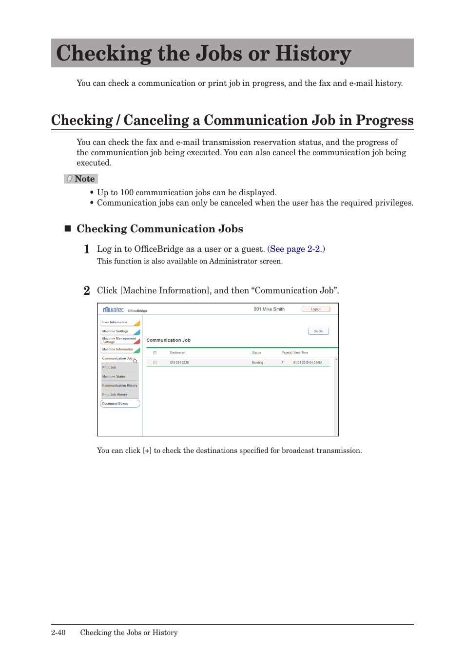 Checking the jobs or history, Checking the jobs or history -40 | Muratec MFX-2590 User Manual | Page 67 / 279