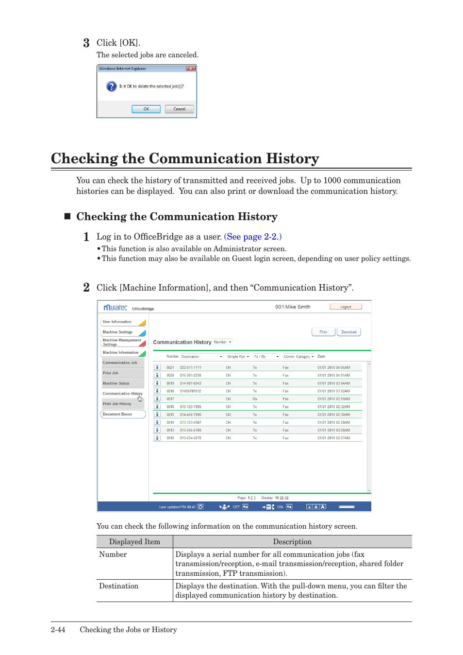 Checking the communication history, Checking the communication history -44 | Muratec MFX-2590 User Manual | Page 71 / 279