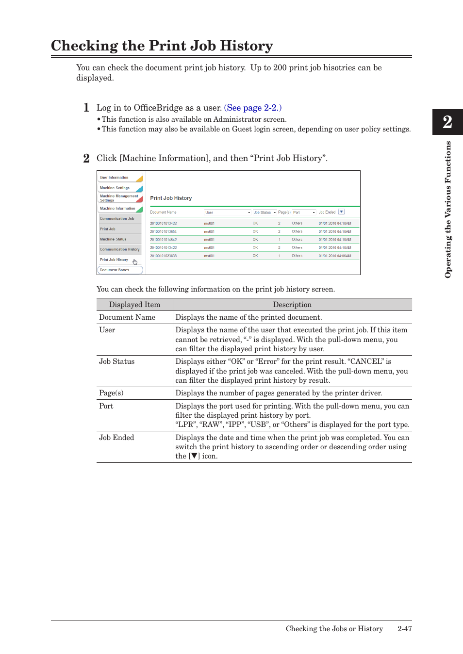 Checking the print job history, Checking the print job history -47 | Muratec MFX-2590 User Manual | Page 74 / 279
