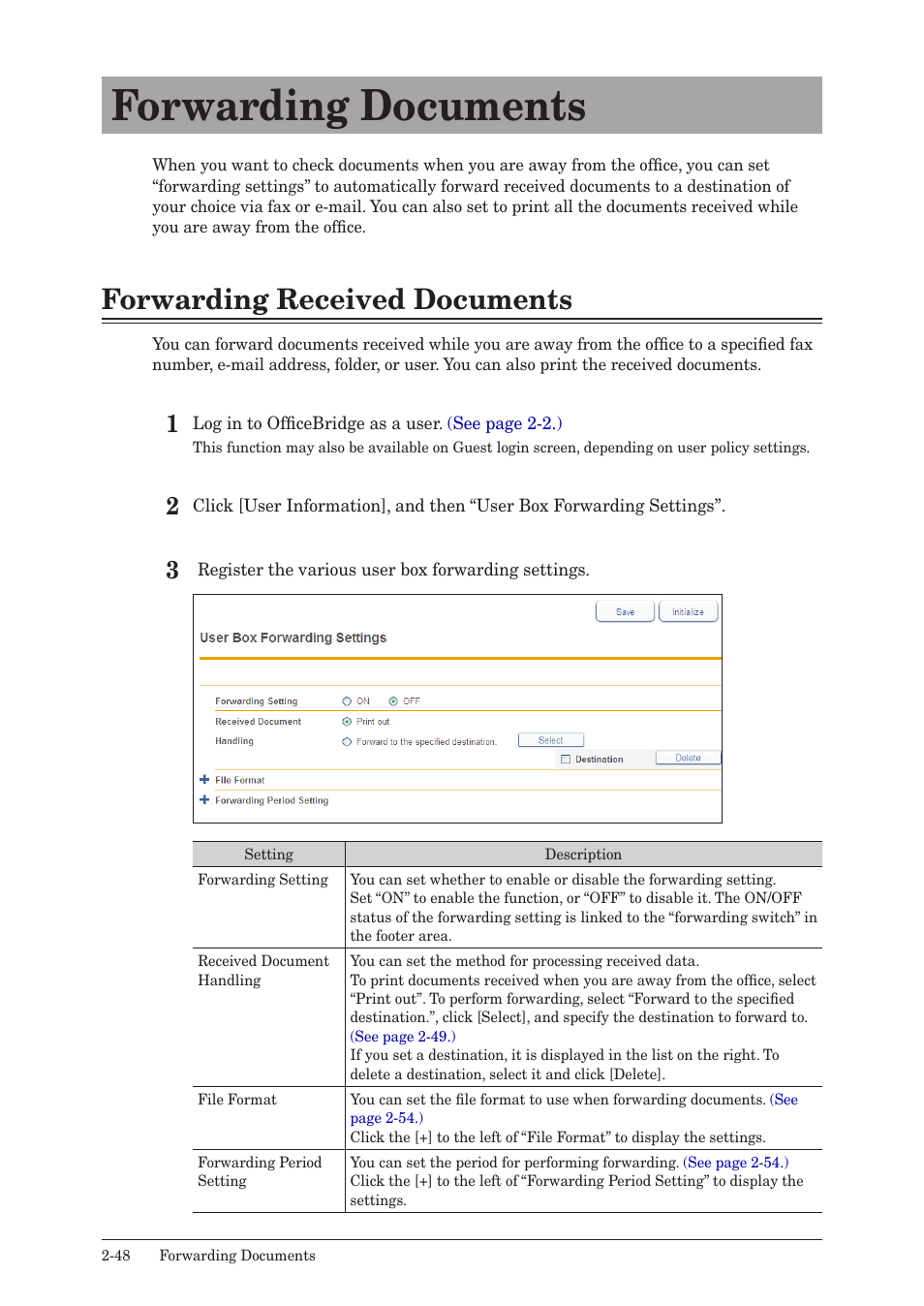Forwarding documents, Forwarding received documents, Forwarding documents -48 | Forwarding received documents -48 | Muratec MFX-2590 User Manual | Page 75 / 279