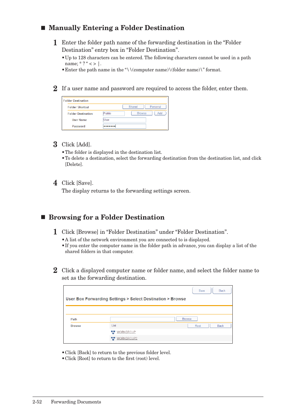 Manually entering a folder destination, Browsing for a folder destination | Muratec MFX-2590 User Manual | Page 79 / 279