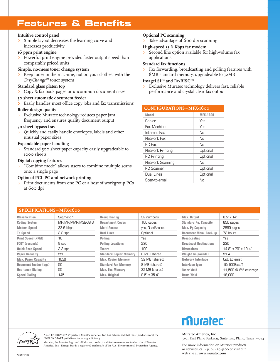 Features & benefits | Muratec MFX-1600 User Manual | Page 2 / 2