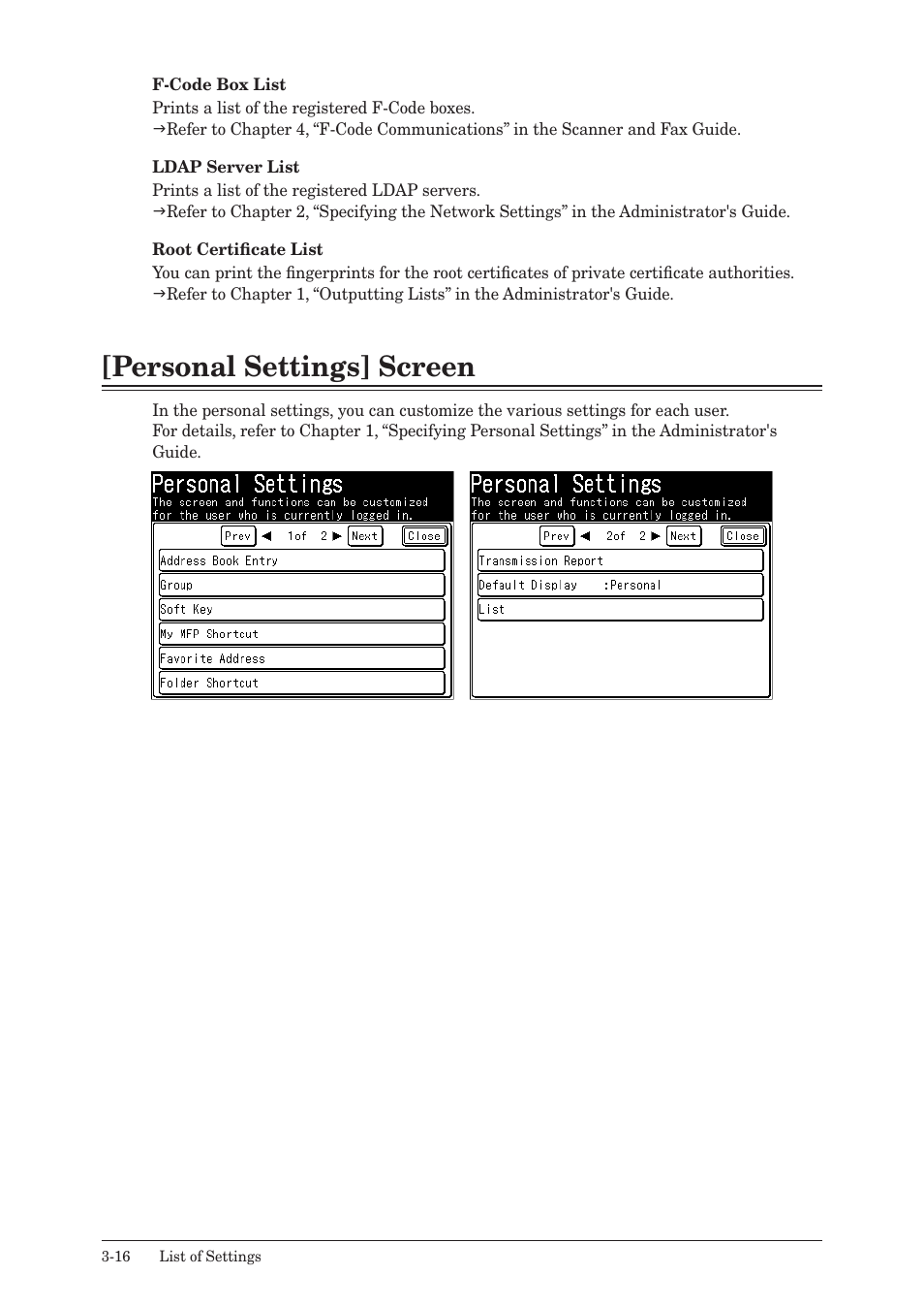 Personal settings] screen, Personal settings] screen -16 | Muratec MFX-2550 User Manual | Page 101 / 129
