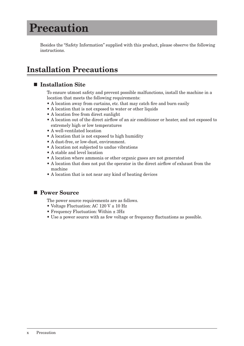 Precaution, Installation precautions, Installation site | Power source | Muratec MFX-2550 User Manual | Page 11 / 129