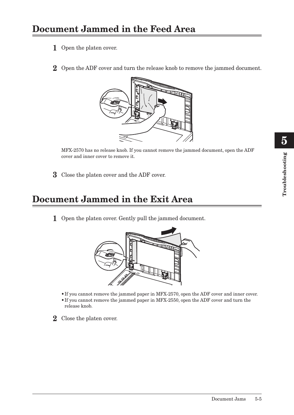 Document jammed in the feed area, Document jammed in the exit area | Muratec MFX-2550 User Manual | Page 114 / 129