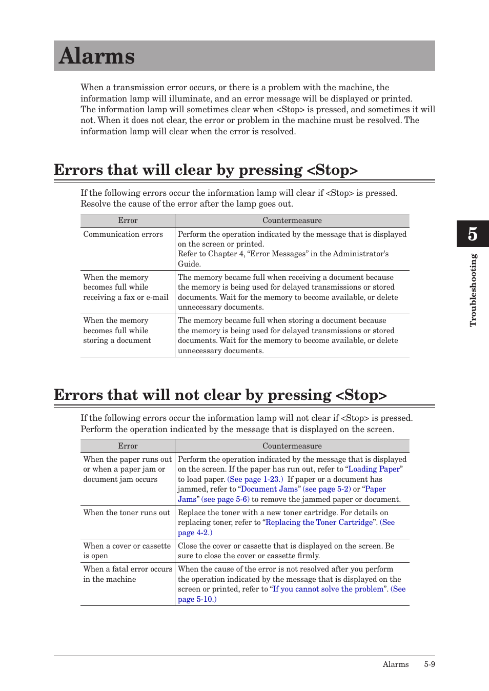 Alarms, Errors that will clear by pressing <stop, Errors that will not clear by pressing <stop | Alarms -9 | Muratec MFX-2550 User Manual | Page 118 / 129