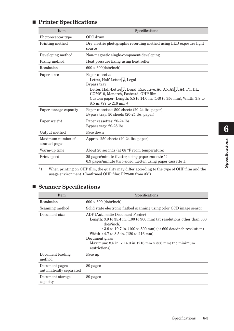 Printer specifications, Scanner specifications | Muratec MFX-2550 User Manual | Page 122 / 129