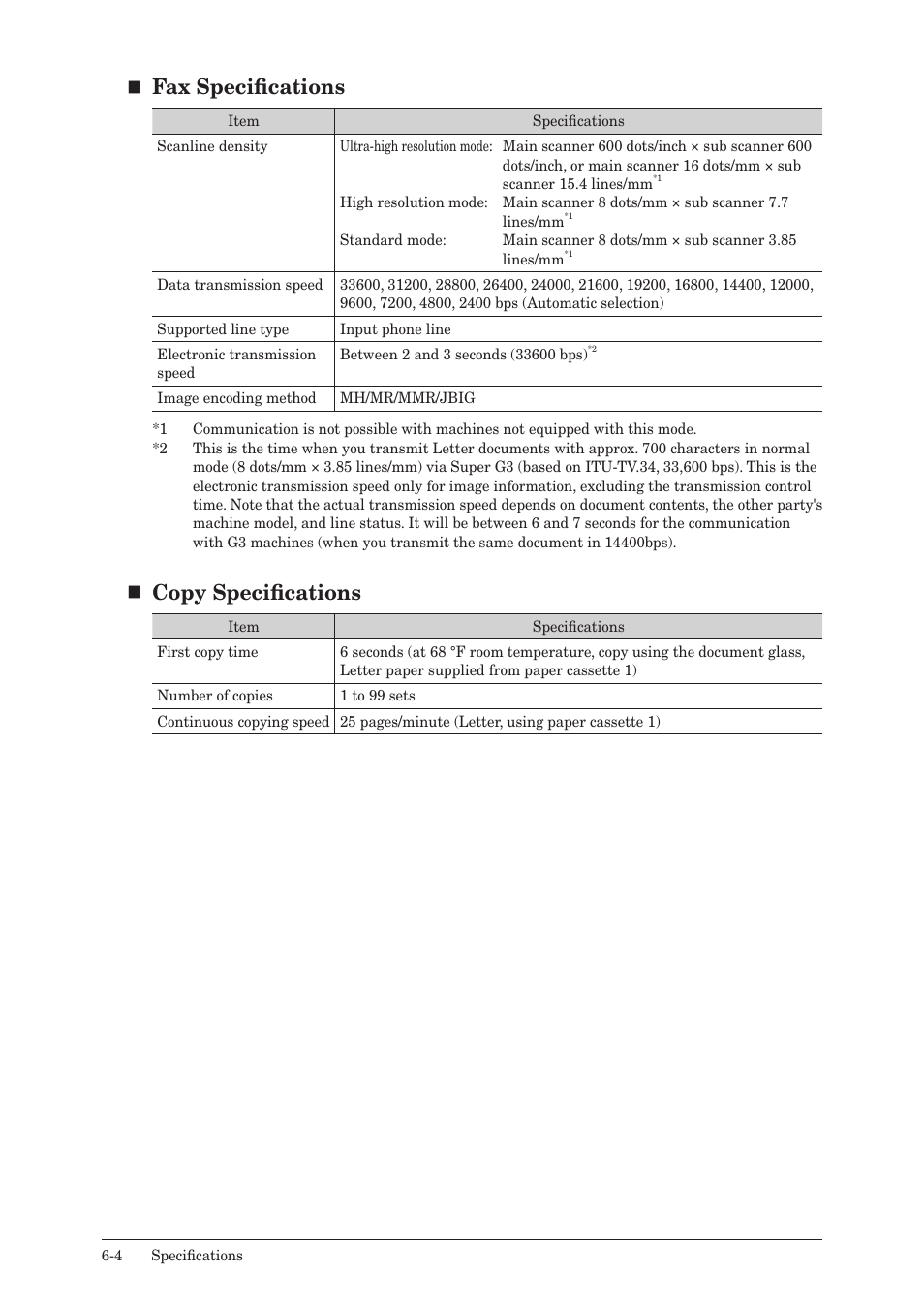 Fax specifications, Copy specifications | Muratec MFX-2550 User Manual | Page 123 / 129