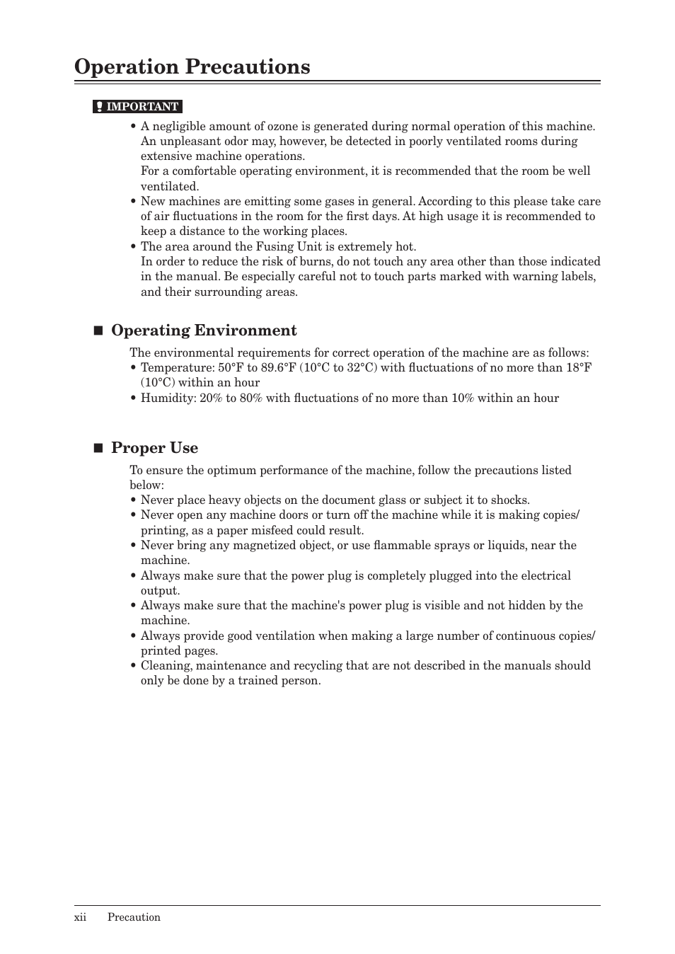 Operation precautions, Operating environment, Proper use | Muratec MFX-2550 User Manual | Page 13 / 129
