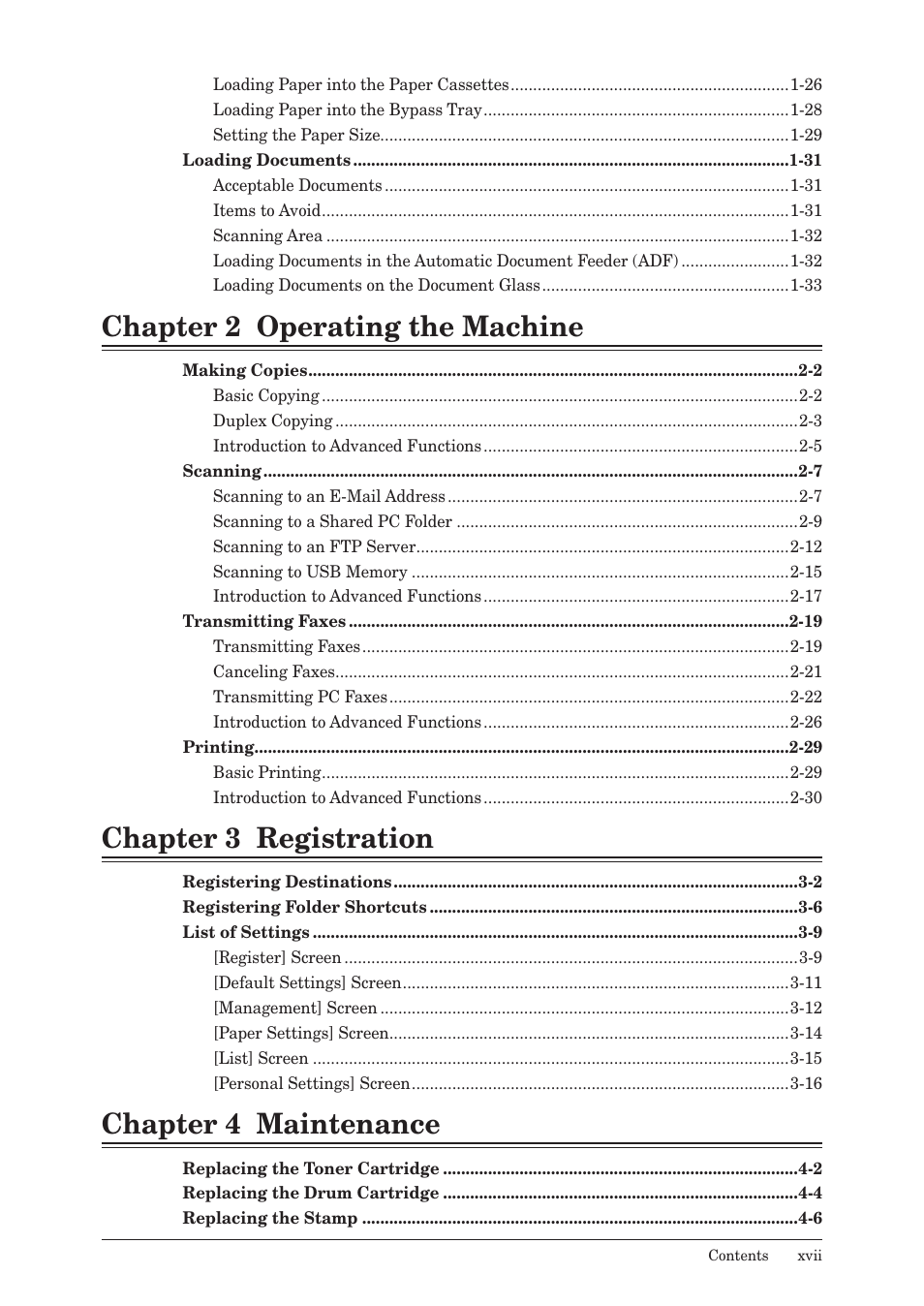Chapter 2 operating the machine, Chapter 3 registration, Chapter 4 maintenance | Muratec MFX-2550 User Manual | Page 18 / 129