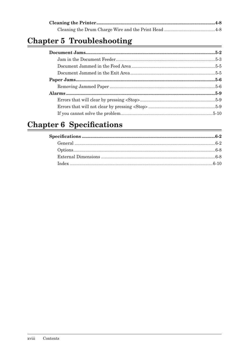 Chapter 5 troubleshooting, Chapter 6 specifications | Muratec MFX-2550 User Manual | Page 19 / 129