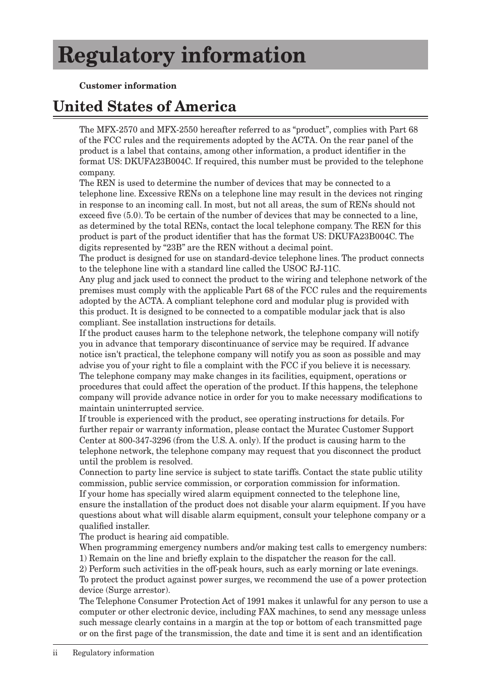 Regulatory information, United states of america | Muratec MFX-2550 User Manual | Page 3 / 129