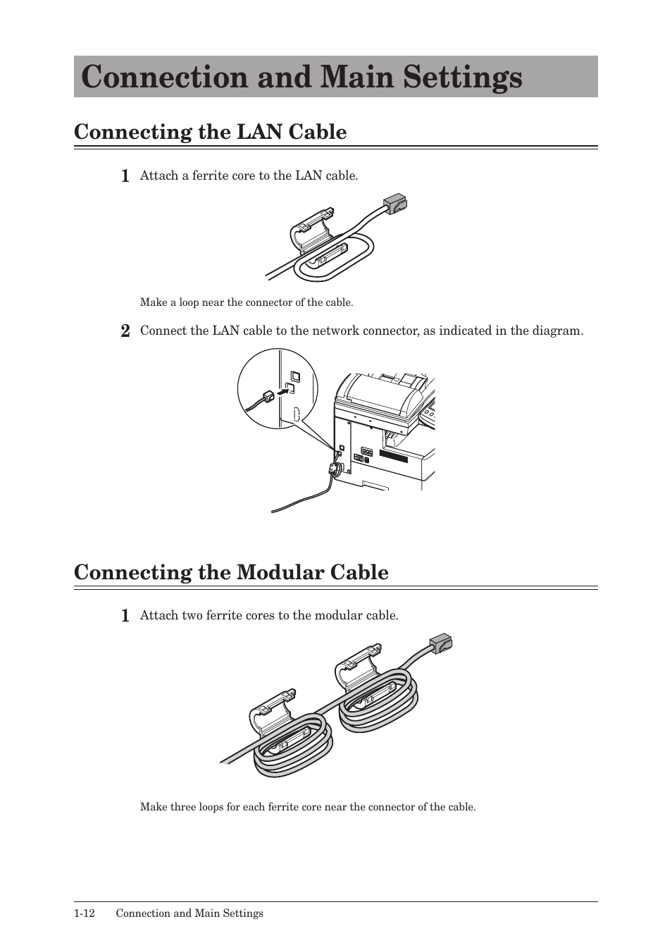 Connection and main settings, Connecting the lan cable, Connecting the modular cable | Connection and main settings -12 | Muratec MFX-2550 User Manual | Page 33 / 129