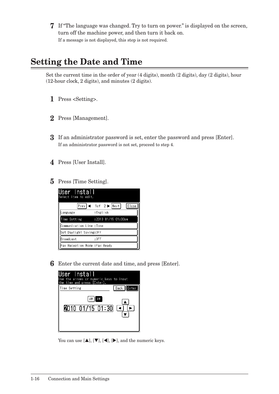 Setting the date and time, Setting the date and time -16 | Muratec MFX-2550 User Manual | Page 37 / 129