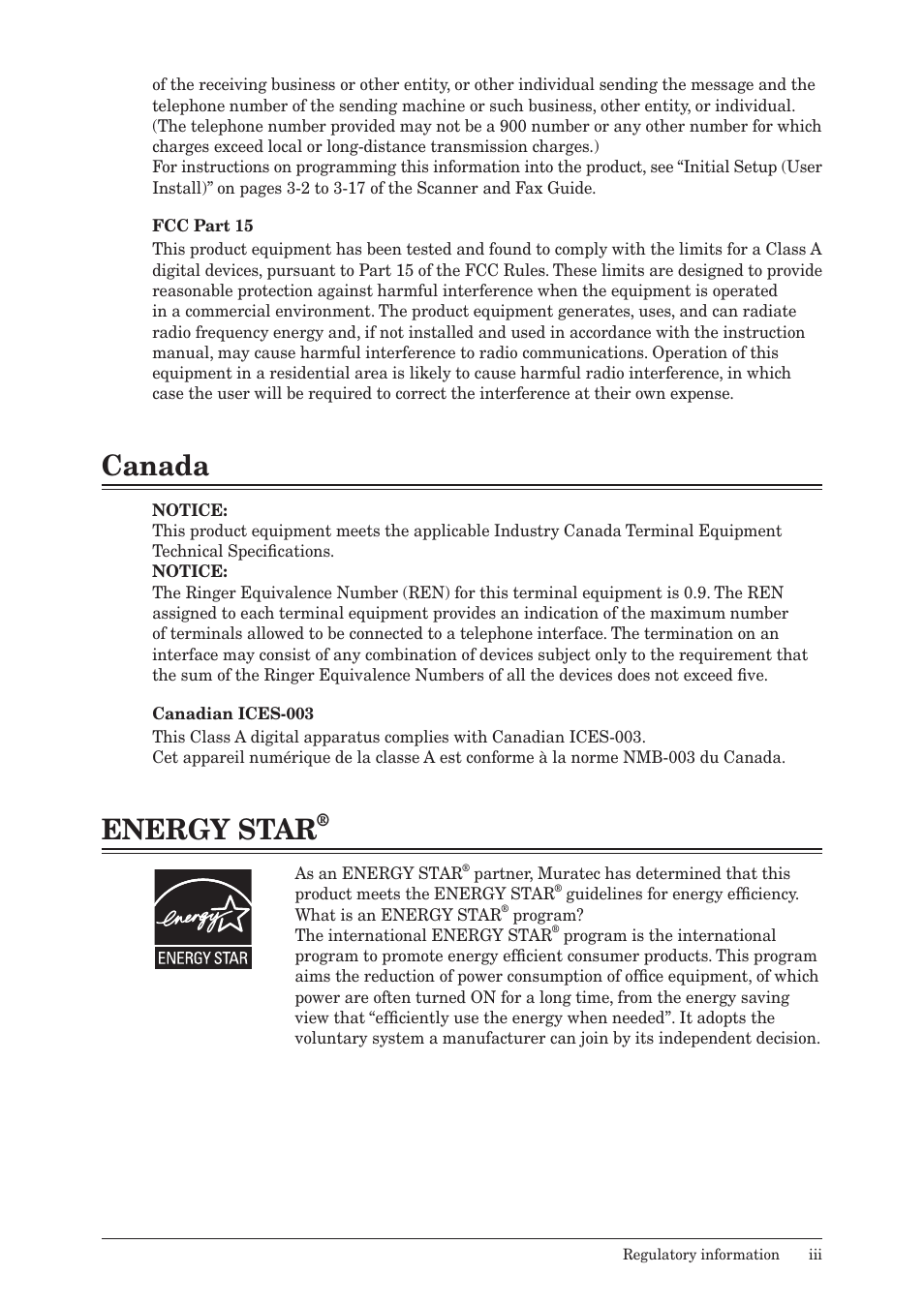 Canada, Energy star | Muratec MFX-2550 User Manual | Page 4 / 129