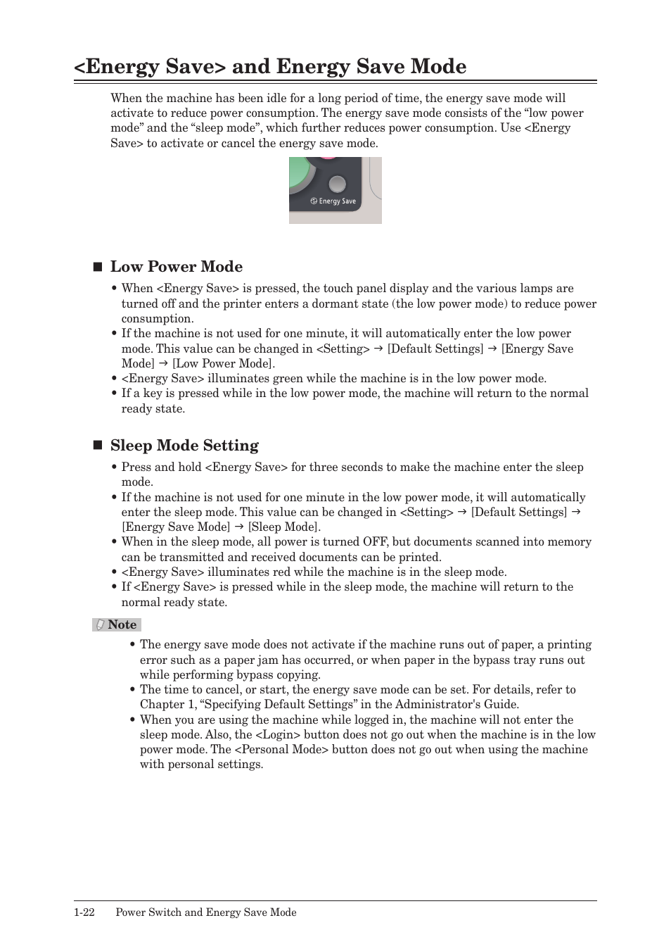 Energy save> and energy save mode, Energy save> and energy save mode -22, Low power mode | Sleep mode setting | Muratec MFX-2550 User Manual | Page 43 / 129