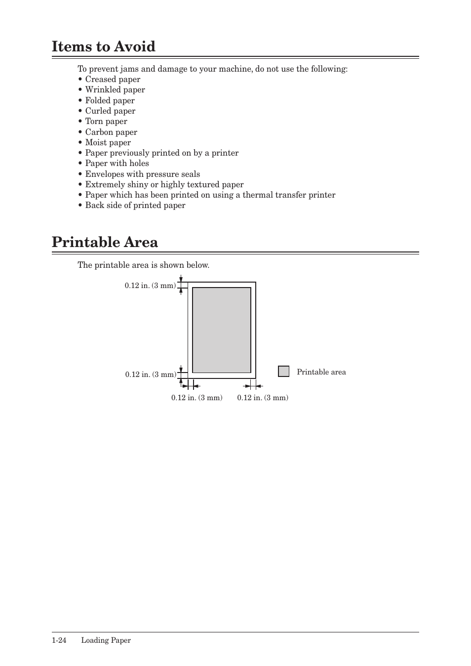 Items to avoid, Printable area, Items to avoid -24 printable area -24 | Muratec MFX-2550 User Manual | Page 45 / 129