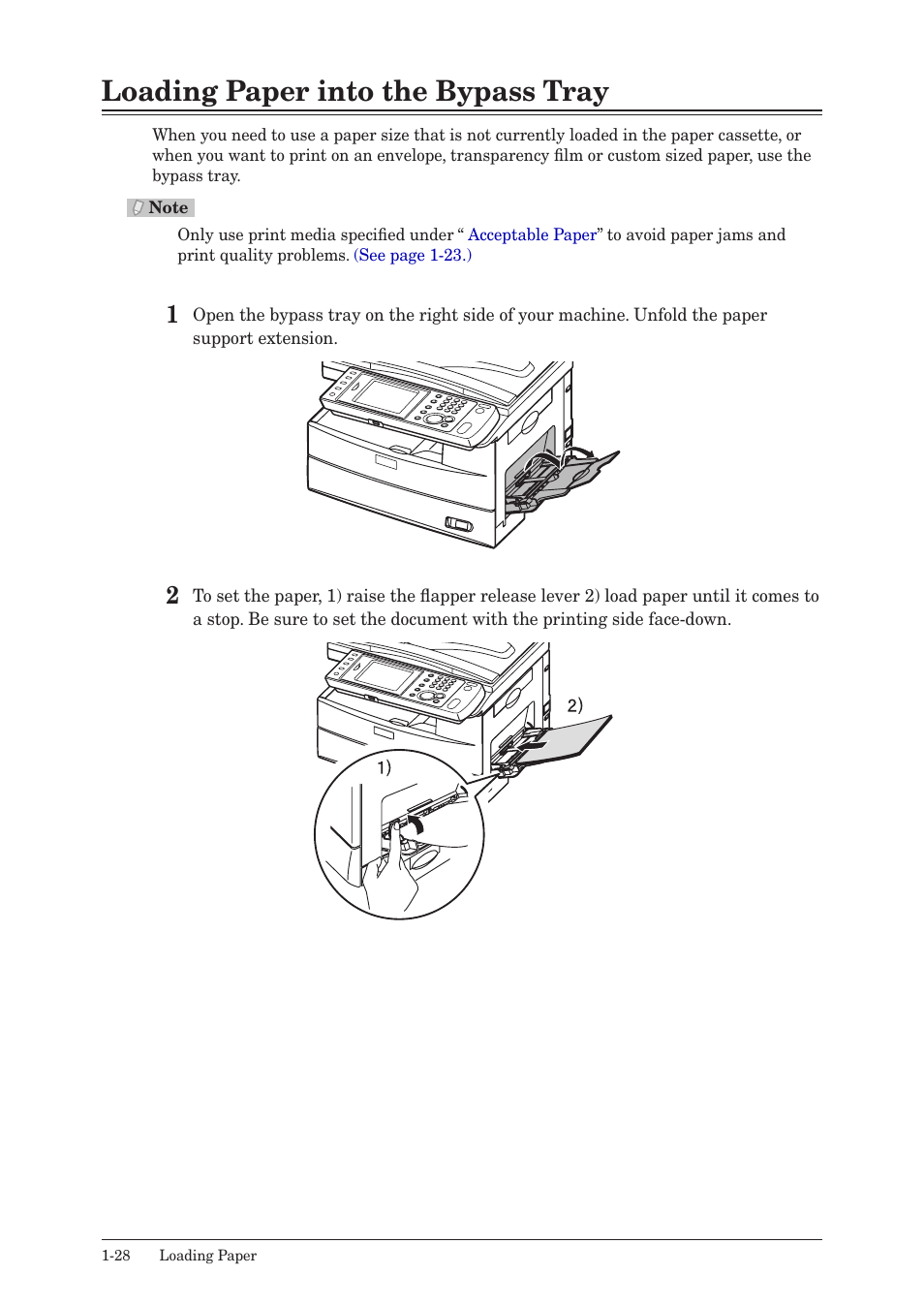 Loading paper into the bypass tray, Loading paper into the bypass tray -28 | Muratec MFX-2550 User Manual | Page 49 / 129