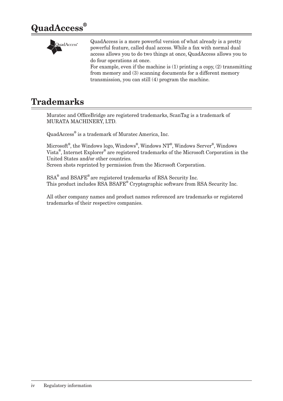 Quadaccess, Trademarks | Muratec MFX-2550 User Manual | Page 5 / 129