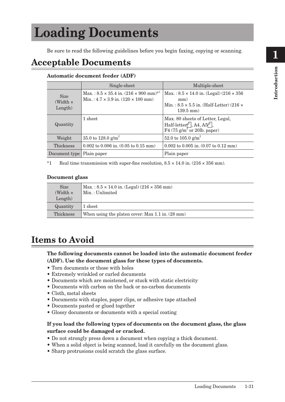 Loading documents, Acceptable documents, Items to avoid | Loading documents -31, Acceptable documents -31 items to avoid -31 | Muratec MFX-2550 User Manual | Page 52 / 129