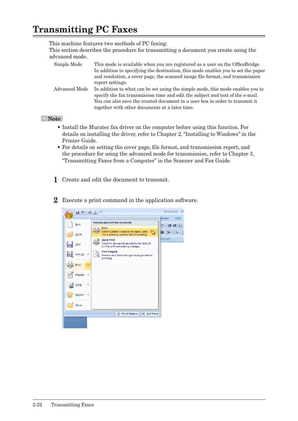 Transmitting pc faxes, Transmitting pc faxes -22 | Muratec MFX-2550 User Manual | Page 77 / 129