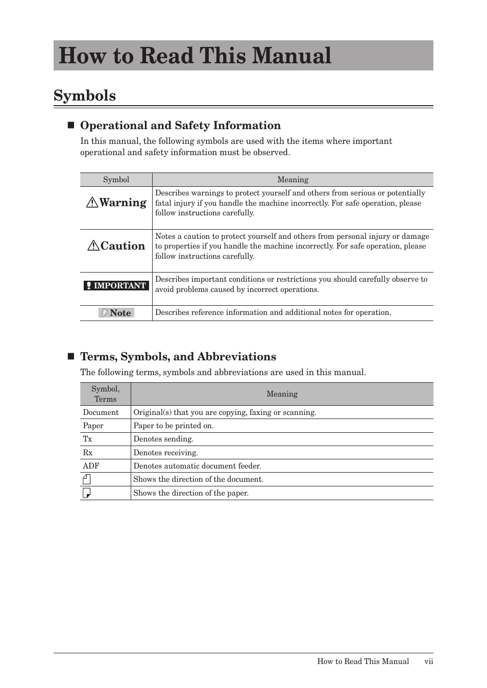 How to read this manual, Symbols | Muratec MFX-2550 User Manual | Page 8 / 129