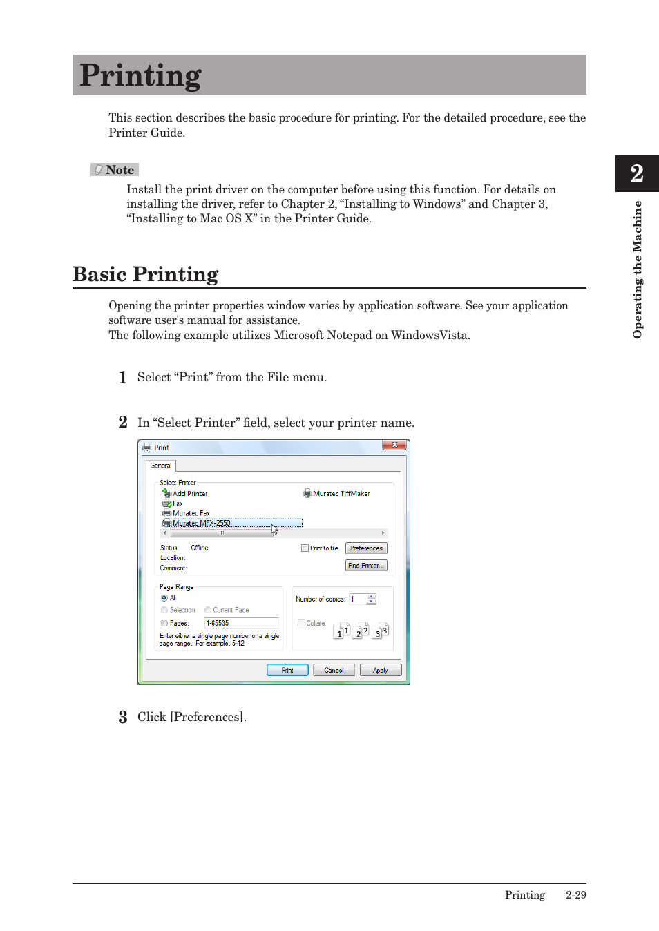 Printing, Basic printing, Printing -29 | Basic printing -29 | Muratec MFX-2550 User Manual | Page 84 / 129