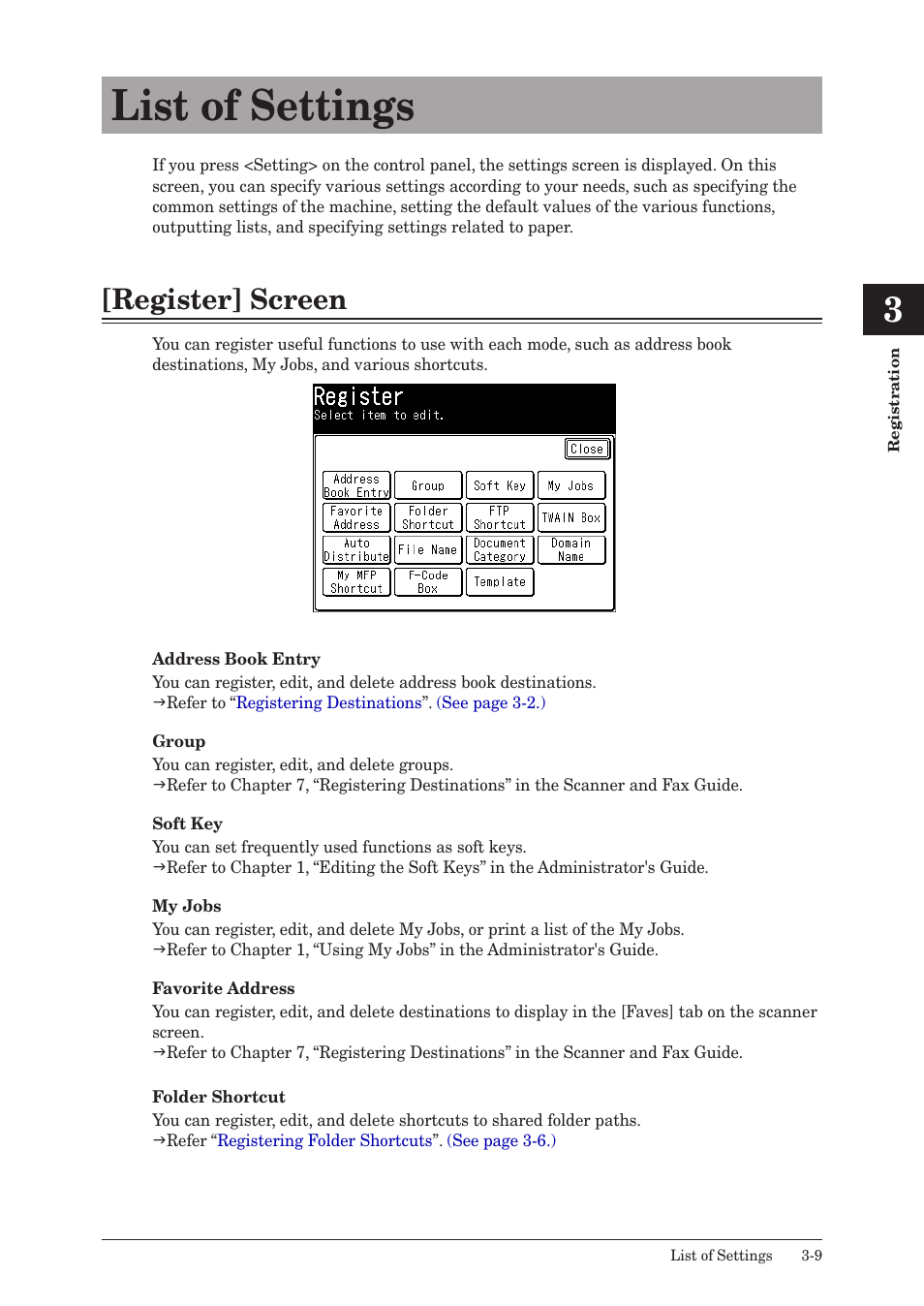 List of settings, Register] screen, List of settings -9 | Register] screen -9 | Muratec MFX-2550 User Manual | Page 94 / 129