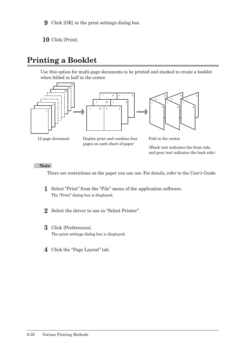 Printing a booklet, Printing a booklet -20, Click [ok] in the print settings dialog box | Click [print, Select the driver to use in “select printer, Click [preferences, Click the “page layout” tab | Muratec QUADACCESS MFX-2550 User Manual | Page 103 / 193