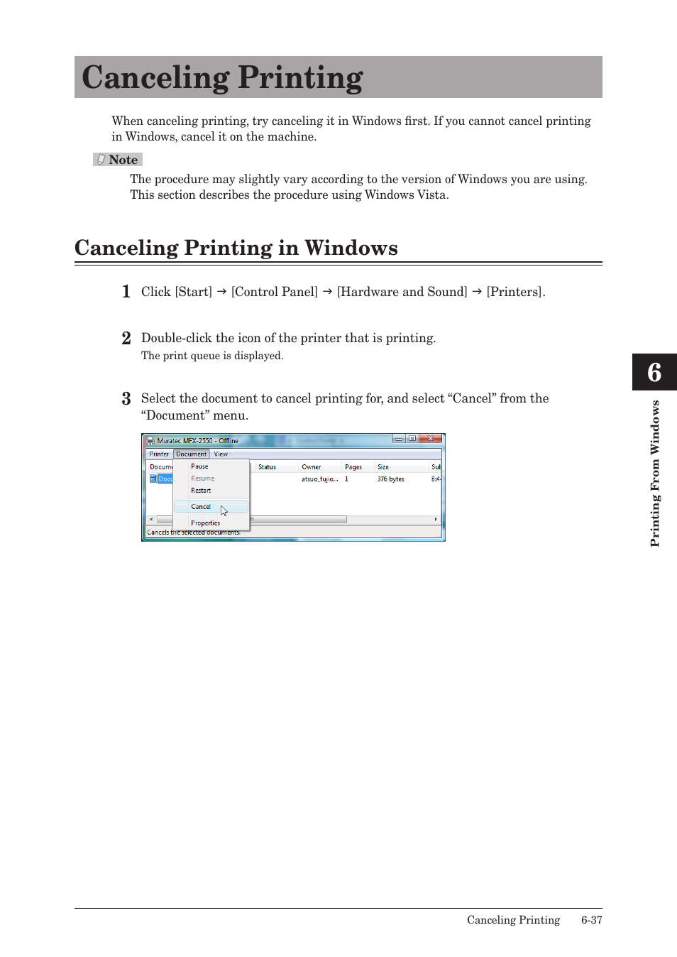 Canceling printing, Canceling printing in windows, Canceling printing -37 | Canceling printing in windows -37 | Muratec QUADACCESS MFX-2550 User Manual | Page 120 / 193