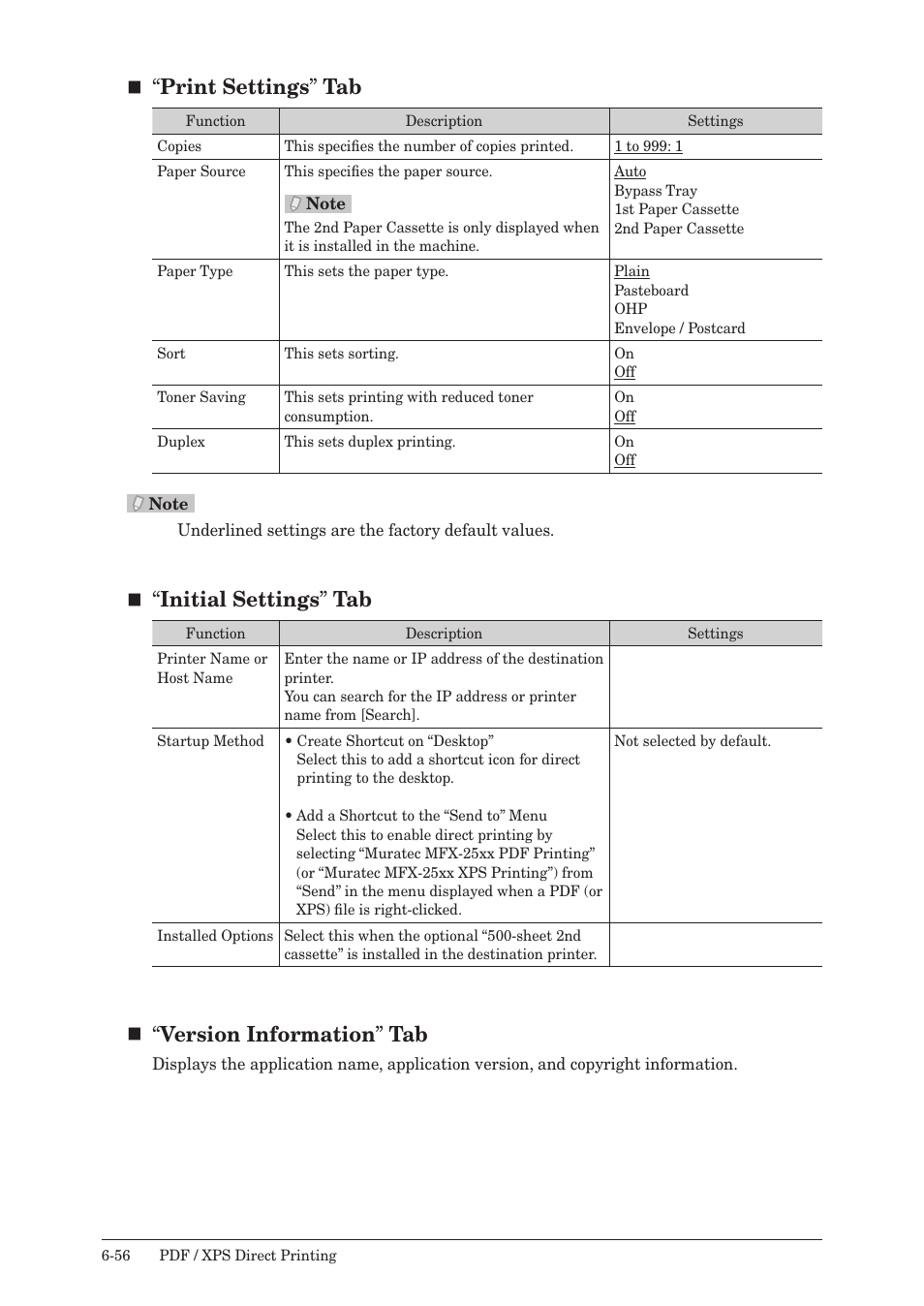 Print settings ” tab, Initial settings ” tab, Version information ” tab | Muratec QUADACCESS MFX-2550 User Manual | Page 139 / 193