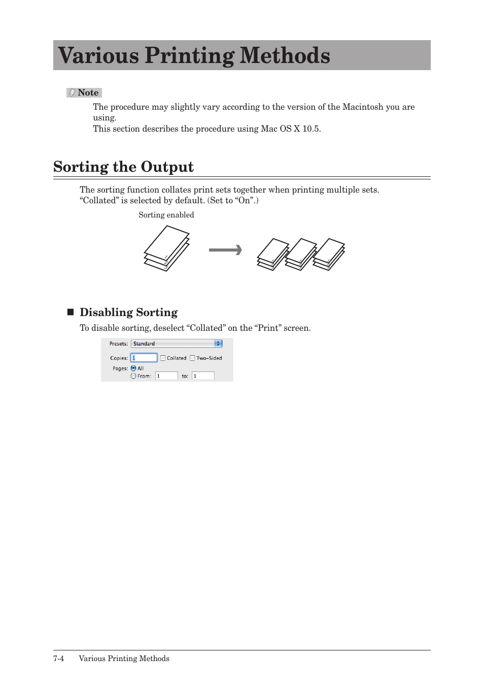 Various printing methods, Sorting the output, Various printing methods -4 | Sorting the output -4, Disabling sorting | Muratec QUADACCESS MFX-2550 User Manual | Page 143 / 193