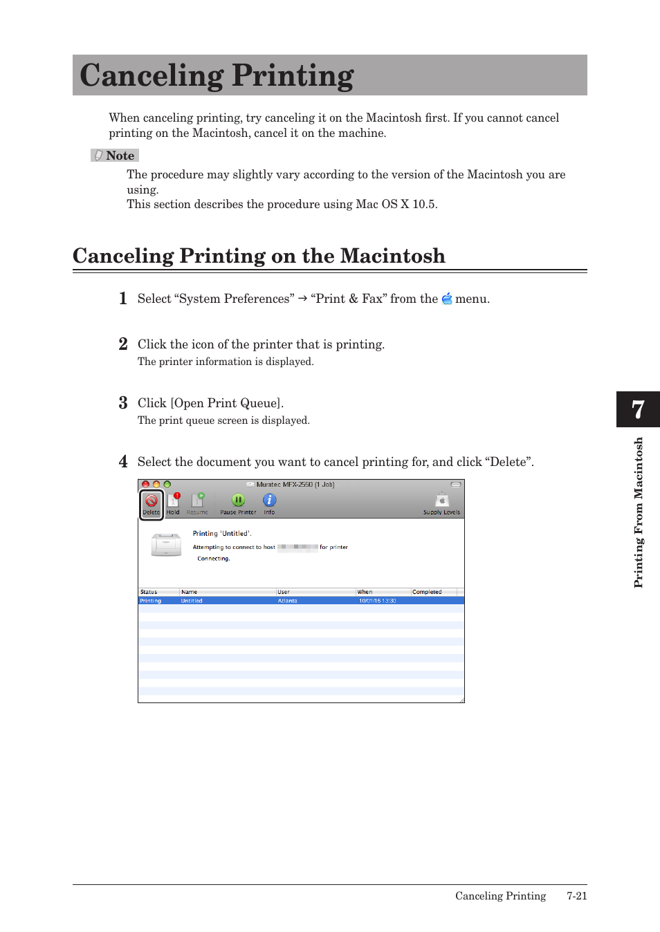 Canceling printing, Canceling printing on the macintosh, Canceling printing -21 | Canceling printing on the macintosh -21 | Muratec QUADACCESS MFX-2550 User Manual | Page 160 / 193