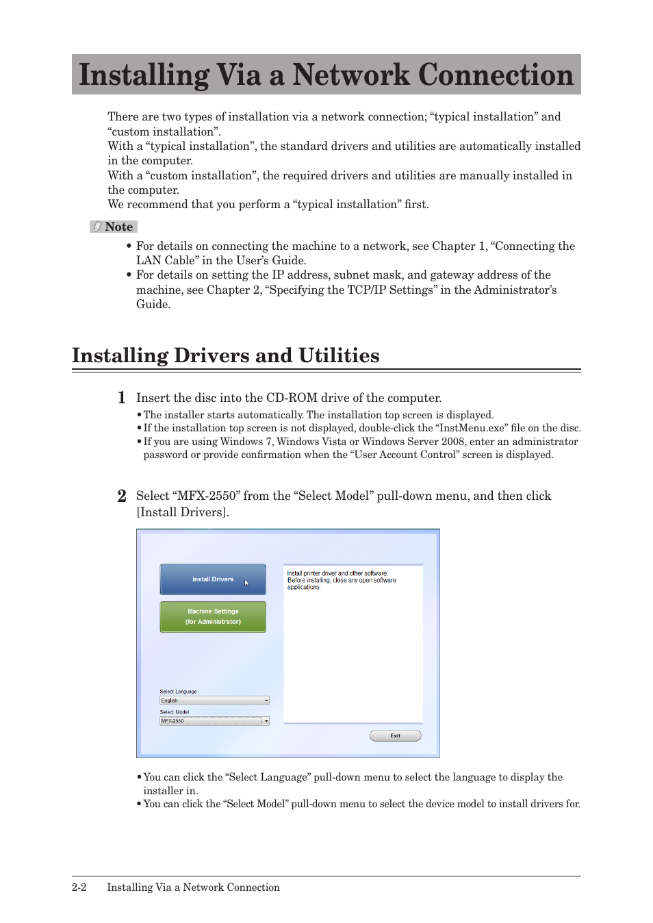 Installing via a network connection, Installing drivers and utilities, Installing via a network connection -2 | Installing drivers and utilities -2 | Muratec QUADACCESS MFX-2550 User Manual | Page 17 / 193