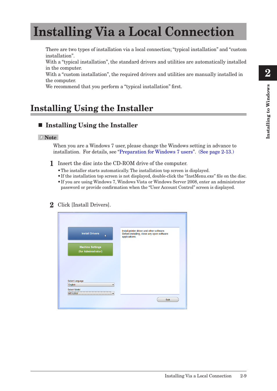 Installing via a local connection, Installing using the installer, Installing via a local connection -9 | Installing using the installer -9 | Muratec QUADACCESS MFX-2550 User Manual | Page 24 / 193