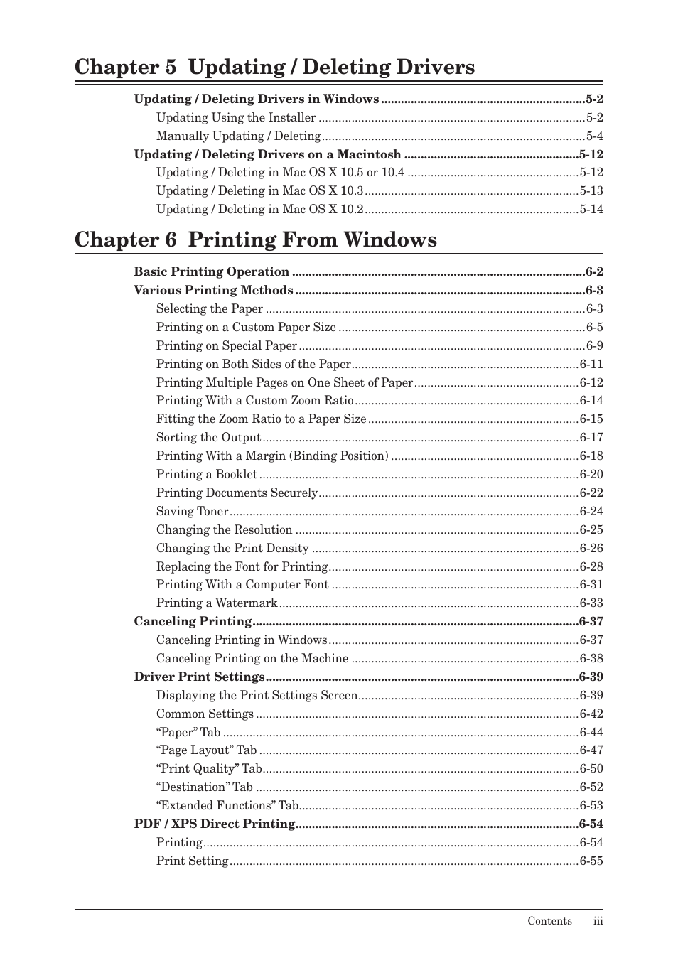 Chapter 5 updating / deleting drivers, Chapter 6 printing from windows | Muratec QUADACCESS MFX-2550 User Manual | Page 4 / 193