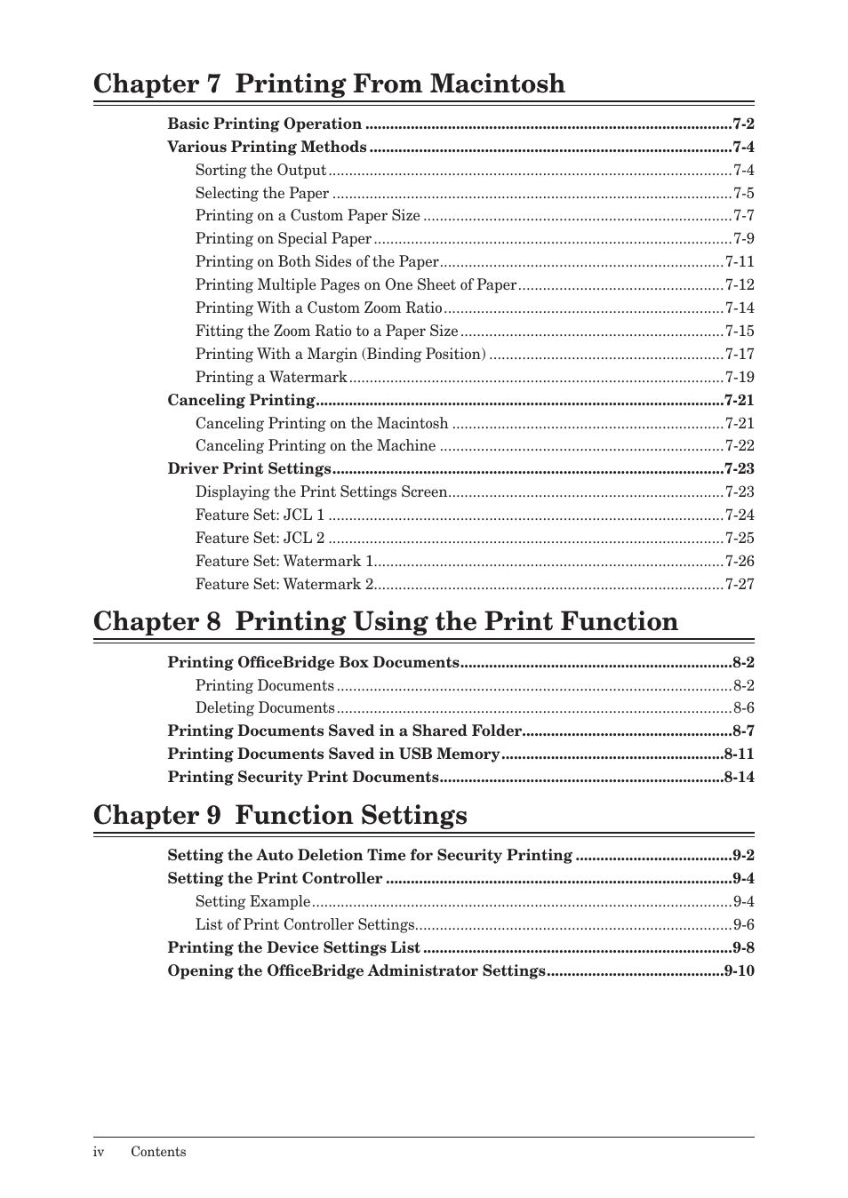 Chapter 7 printing from macintosh, Chapter 8 printing using the print function, Chapter 9 function settings | Muratec QUADACCESS MFX-2550 User Manual | Page 5 / 193
