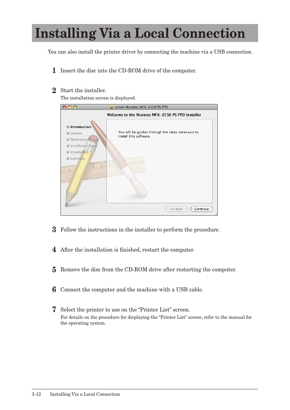 Installing via a local connection, Installing via a local connection -12 | Muratec QUADACCESS MFX-2550 User Manual | Page 51 / 193