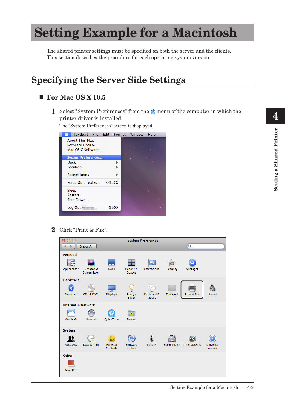 Setting example for a macintosh, Specifying the server side settings, Setting example for a macintosh -9 | Specifying the server side settings -9 | Muratec QUADACCESS MFX-2550 User Manual | Page 60 / 193