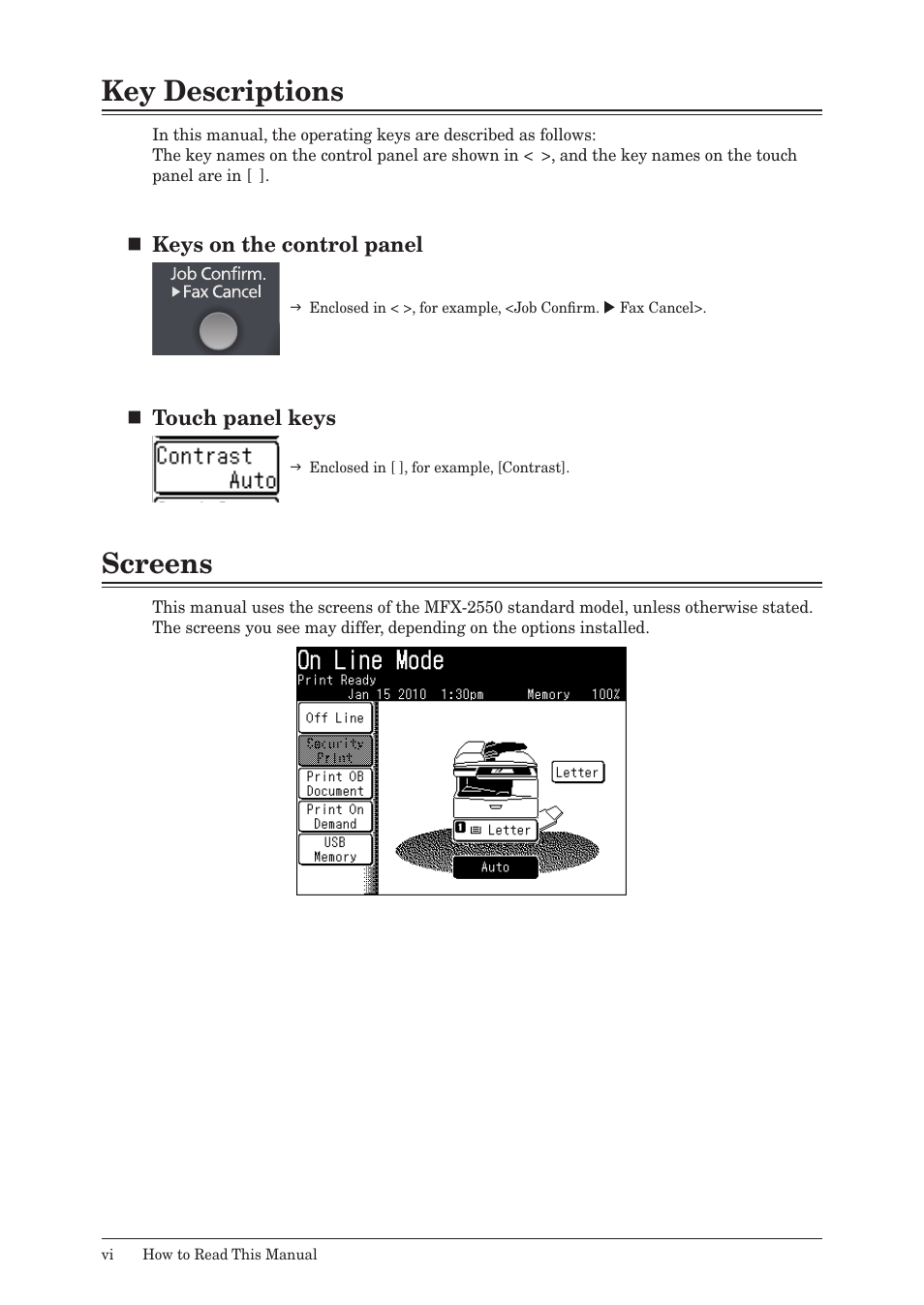 Key descriptions, Screens | Muratec QUADACCESS MFX-2550 User Manual | Page 7 / 193