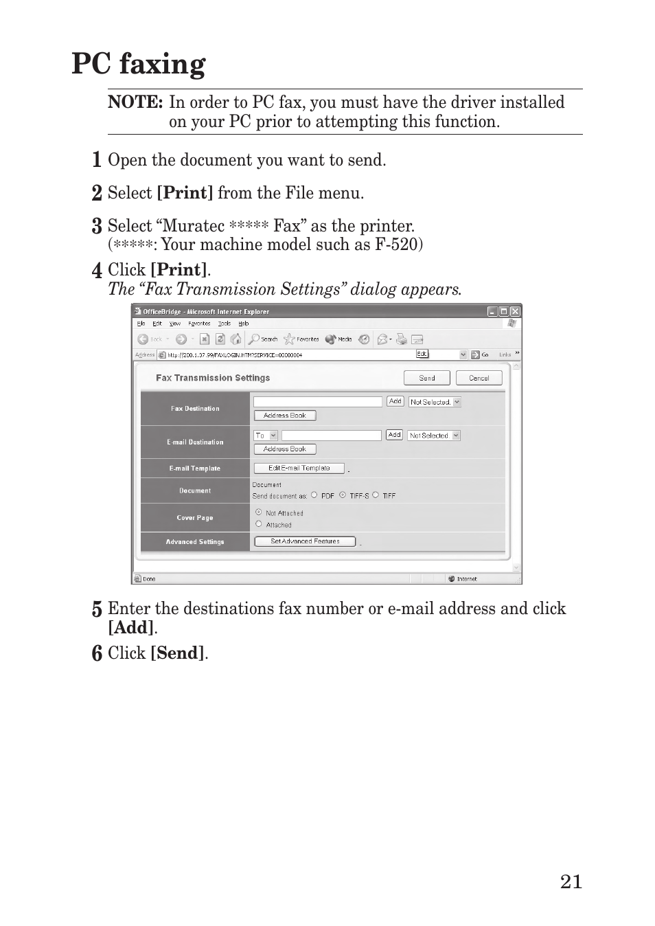 Pc faxing | Muratec F-560 User Manual | Page 23 / 28