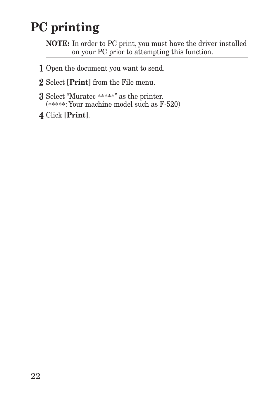 Pc printing | Muratec F-560 User Manual | Page 24 / 28